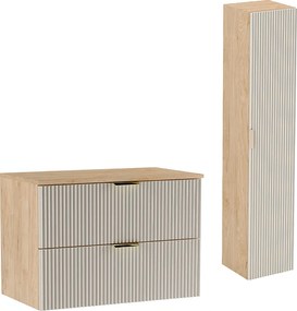 Zestaw Łazienkowy 80cm Szafka Blat Słupek Ryflowane Fronty Kaszmir / Dąb Orzech