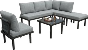 Zestaw mebli ogrodowych modułowych 6-osobowych ze stali ocynkowanej: 1 sofa 2-osobowa + 1 sofa 2-osobowa + 1 stołek + 1 kwadratowy stolik kawowy - Szary