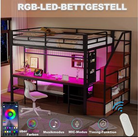 Łóżko piętrowe metalowe dla dzieci - 140 x 200 cm + 90 x 200 cm - z biurkiem + oświetlenie LED + drabinka - drewno + metal - czarne