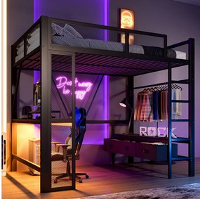 Łóżko piętrowe 140x200 cm, łóżko młodzieżowe z USB i oświetleniem LED, 3 szufladami i biurkiem - czarne (bez materaca)