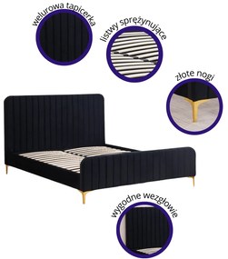 Łóżko podwójne tapicerowane ze stelażem 160x200 czarny welur SIENA