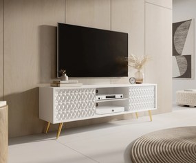 Biała ryflowana szafka RTV na złotych nóżkach 135 cm E7-F47