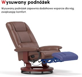 HOMCOM Fotel Relaksacyjny, 145° Regulowane Oparcie, Podnóżek, Skóra Ekologiczna, Obrotowy, do 120 kg, Brązowy