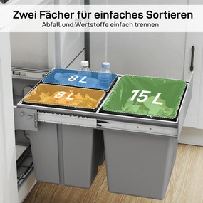 HOMCOM 31 l wysuwany pojemnik na odpady 15 l + 8 l x 2 z wyjmowanymi wiaderkami | Aosom PL