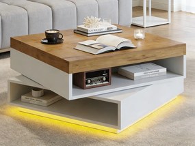 Obrotowy kwadratowy stolik kawowy 65x65x40 cm - Obrotowy blat 360° - Oświetlenie LED i miejsce do przechowywania - MDF - Biały + Naturalny