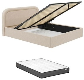 Łóżko ze skrzynią 200 x 200 cm – Bukla – Beżowe + Materac – FIREZA