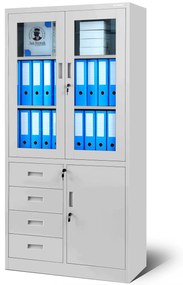 Biurowa przeszklona szafa z szufladami WIOLA, 900 x 1850 x 400 mm, szara