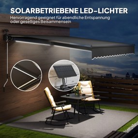 Outsunny Markiza z Korbką i Oświetleniem LED Solarne, UV 50+, 400 cm Szerokość, Szara