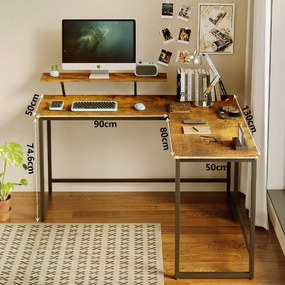 Biurko Narożne Komputerowe 130 cm z Półką – Rustykalny Brąz, Industrial Loft