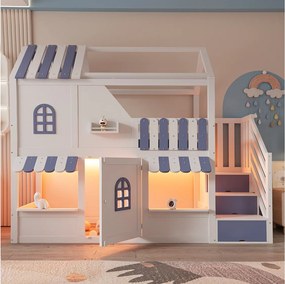 Łóżko piętrowe dla dzieci - 90 x 200 cm - domek z okienkami + drabinka + diody LED + półki - drewno - biały + niebieski