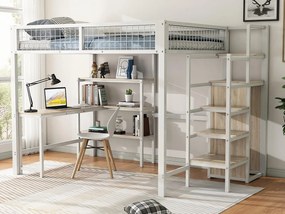 Łóżko mezzanine 140x200 cm - stalowa rama - z biurkiem i półkami - Białe