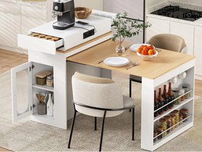 Centralna wyspa kuchenna - stół rozsuwany - z gniazdkiem elektrycznym - z kółkami i miejscem do przechowywania - z haczykiem - Naturalny + Biały