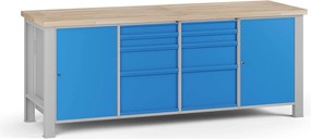 Stół warsztatowy G7, blat bukowy, 2100 x 685 x 840 mm, 2x szafka, 8x szuflada, niebieski