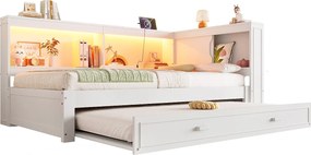 Sofa rozkładana 90x200 cm - z łóżkiem chowanym - z oświetleniem LED - z gniazdkiem + 1 port USB + 1 port Type-C - biały (materac nie jest dołączony)