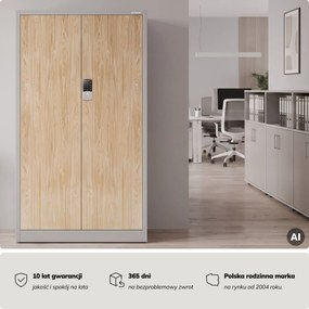 Szafa biurowa metalowa z zamkiem na szyfr szara/dąb sonoma, 900x1850x400 mm: DANIEL Eco Design