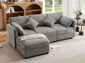 Narożnik w kształcie litery L - 3-osobowy - z podnóżkiem - 4 poduszki - regulowane podłokietniki - Szary