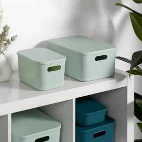 Jasnozielony plastikowy pojemnik z pokrywką 35,5x25,5x23 cm – Homéa