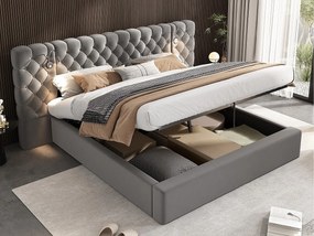 Łóżko z tapicerowanym zagłówkiem 180x200 cm z weluru - z lampką do czytania i stelażem na listwy - Szare