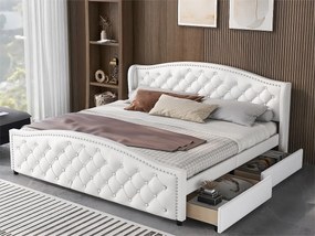 Łóżko z wezgłowiem i 2 szufladami - 180 x 200 cm - skóra ekologiczna - stelaż z listew - kolor biały