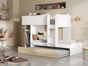 Łóżko piętrowe z ze skrzynią , 3 × 90 × 190 cm – kolor biało-naturalny, z materacem - ANTHONY