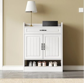 Nowoczesna szafka na buty z regulowanymi półkami + 1 szuflada + 2 drzwi - 75 x 36 x 95,5 cm - płyta wiórowa - kolor biały