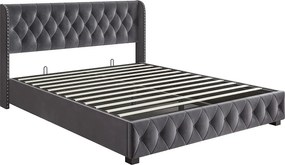 Łóżko tapicerowane welurowe z pojemnikiem - zdobione nitami - z podstawą z listew - 160x200cm - Szare