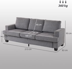 HOMCOM 3-osobowa sofa, sofa do salonu dla 3 osób, pokrycie z tkaniny, stalowa rama, tapicerowana sofa, Szary