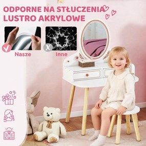 AIYAPLAY Dziecięcy Stolik do Makijażu Zestaw z Taboretem Lustrem Szufladami Drążkami na Ubrania dla 3-8 Lat 56 x 38 x 87,8 cm Biały | Aosom PL