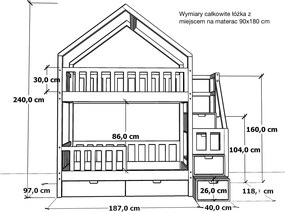 Łóżko piętrowe domek Marulla 108P ze schodkami, barierkami i otwartym daszkiem