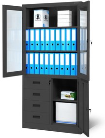 Biurowa przeszklona szafa metalowa na akta z szufladami WIOLA, 900 x 1850 x 400 mm, antracytowa