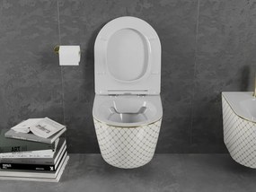 Mexen Lena miska wc Rimless z deską wolnoopadającą slim, duroplast, biała/złota wzór kratka - 30224009