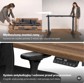 Biurko elektryczne z regulacją wysokości ergonomiczne antracytowe/orzech,1400x700 mm: ARIA