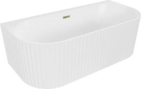 Mexen Sella wanna wolnostojąca przyścienna ryflowana 150 x 75 cm, biała mat, przelew złoty - 52711507501-50