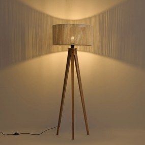 Lampa podłogowa vintage drewniana z beżowym abażurem z papierowego sznurka 50/50/25 - Tripod Classic