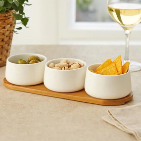 Zestaw porcelanowych miseczek na dipy APERIO, 3 x 200 ml, bambusowa taca