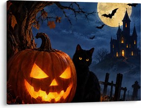 Obraz - Czarny kot przy świecącej dyni na Halloween (70x50 cm)