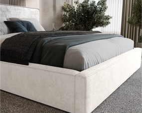 BESILIO Tapicerowane łóżko do sypialni 200x200 Zanzi - stelaż metalowy, pojemnik, ozdobna lamówka, tkanina szenil- Kremowy