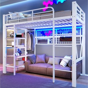 Łóżko piętrowe dla dzieci - 90 x 200 cm - rama żeliwna - z półką do przechowywania + drążek na ubrania + diody LED - metalowe - białe