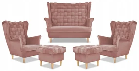 Zestaw wypoczynkowy Carol sofa fotele pufy paski Family Meble różowy
