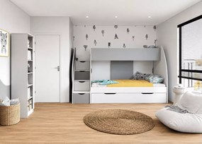 Łóżko piętrowe Firioza 80x200 cm dla dzieci z pojemnikiem na pościel, szufladami i schodami-komodą