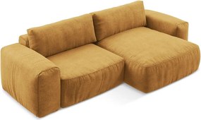 Musztardowy rozkładany narożnik z tkaniny szenilowej (prawostronny/z szezlongiem) Kuki – Makamii