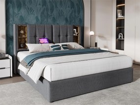 Łóżko z tapicerowanym stelażem 140x200 cm - z bezprzewodowym ładowaniem i schowkiem - materiał bawełniany - Szary