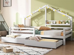 Łóżko piętrowe 90x200cm z litego drewna - z półkami i 2 szufladami - Białe