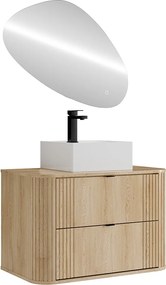 Szafka łazienkowa wisząca z kwadratową umywalką nablatową, baterią i lustrem - Jasny naturalny - 80 cm - FILOR