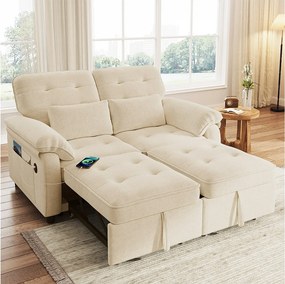 Sofa 2-osobowa 3 w 1 rozkładana - 142 x 90 x 86,5 cm - z regulowanym oparciem + port USB + 2 poduszki - szenil - beż