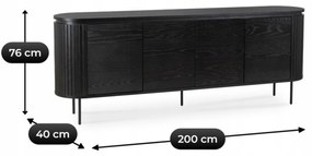 Komoda do Salonu BECK 200 cm Czarna Czterodrzwiowa Ryflowana Nowoczesna