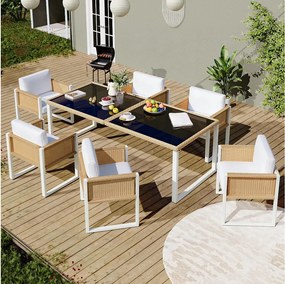 Zestaw ogrodowy z polirattanu, stół i krzesła, 7 elementów - 6 foteli + stół - rattan + tkanina - naturalny + biały