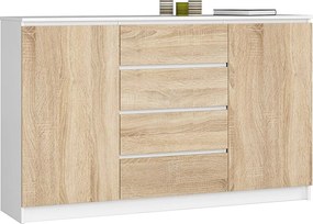 Komoda AKORD K160 Biała 160 cm 2 drzwi 4 szuflady kolor Dąb Sonoma mat 4 półki 160x40x99 cm