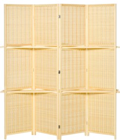 HOMCOM Parawan, przegroda z bambusa, 2 półki, składana, podkładki na nóżki, naturalny