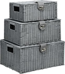 HOMCOM Zestaw 3 koszy do przechowywania z PE-Rattanu Szare z zapięciem i uchwytami 355x285x18cm | Aosom PL